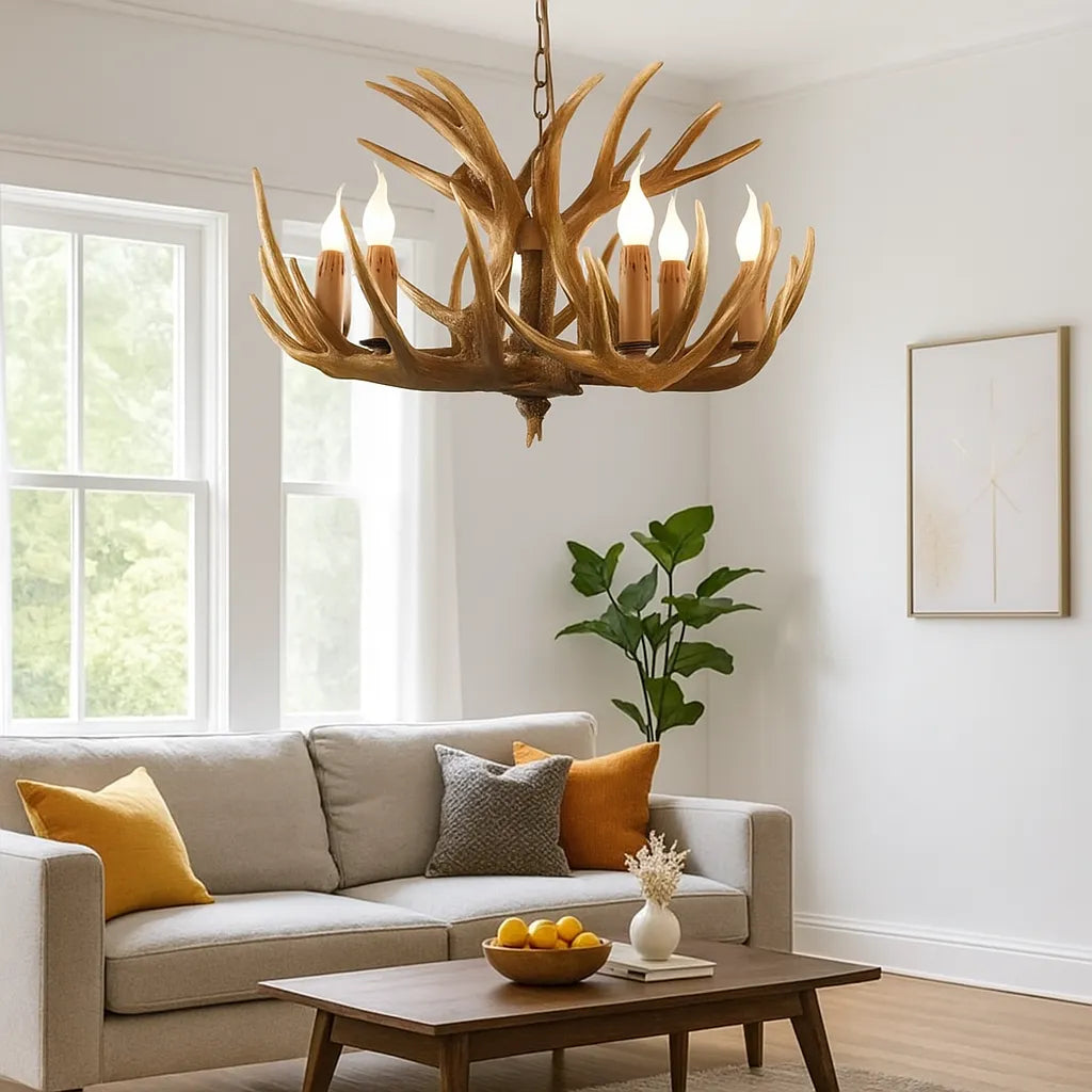 Lampadario con corna di cervo a più luci effetto candelabro stile chalet per soggiorno