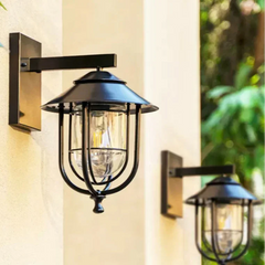 Applique da esterno nera LED in stile industriale in metallo a lanterna con attacco E27