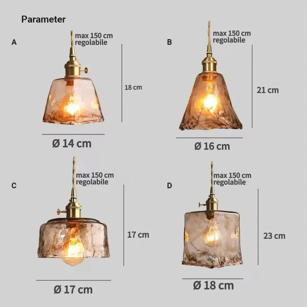 Lampadario in vetro ambrato con struttura in ottone stile anni 50 per sala da pranzo