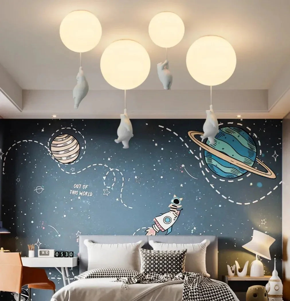 Plafoniera LED per cameretta con sfera bianca e orsetto decorativo