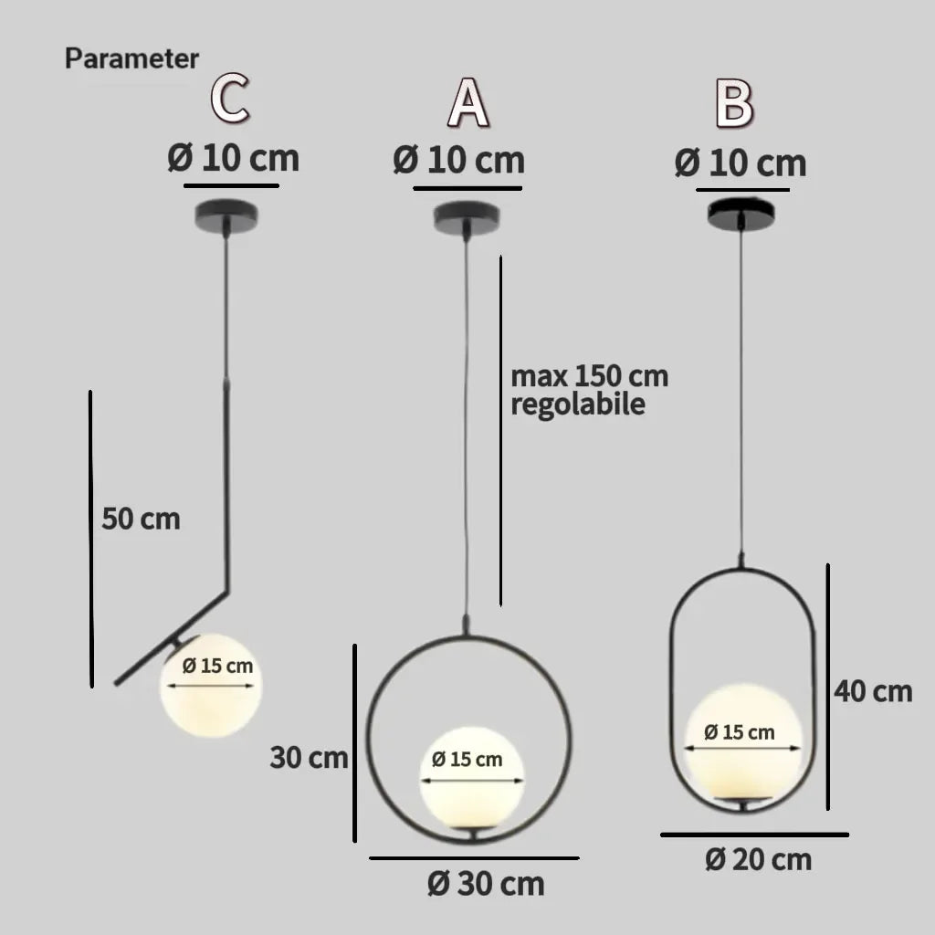 Lampadario con sfere in vetro LED design moderno altezza regolabile per sala pranzo