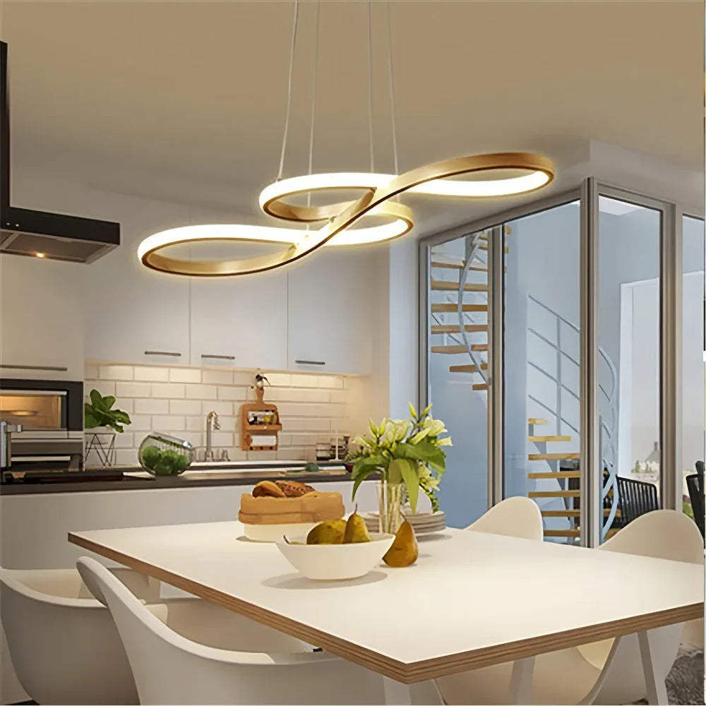 Lampadario moderno a sospensione LED dimmerabile a forma curva per sala da pranzo