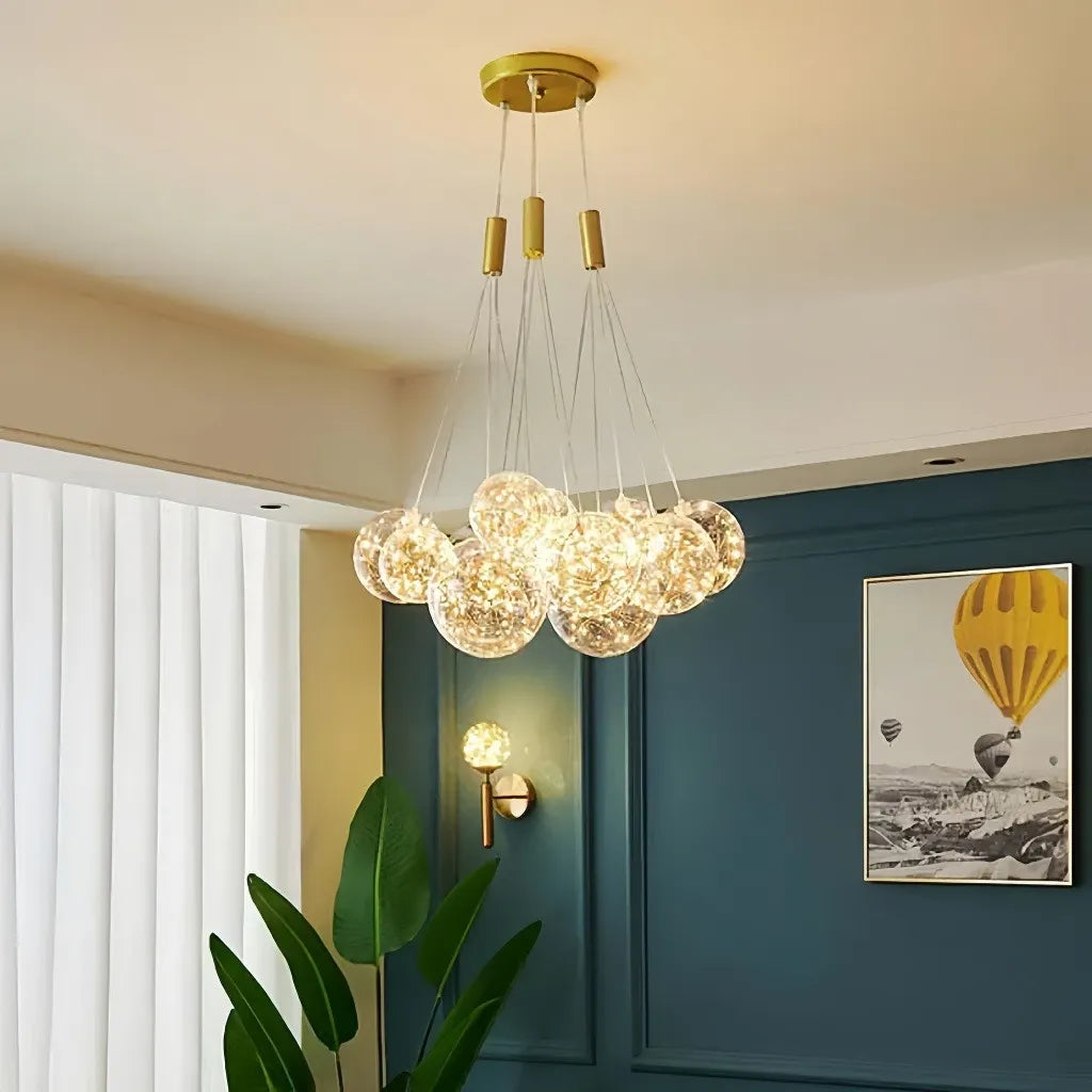 Lampadario moderno a sfere in vetro trasparente per la sala da pranzo