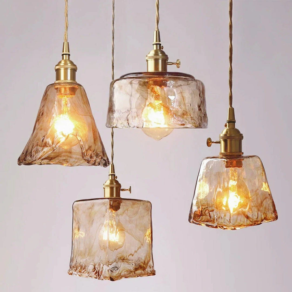 Lampadario in vetro ambrato con struttura in ottone stile anni 50 per sala da pranzo