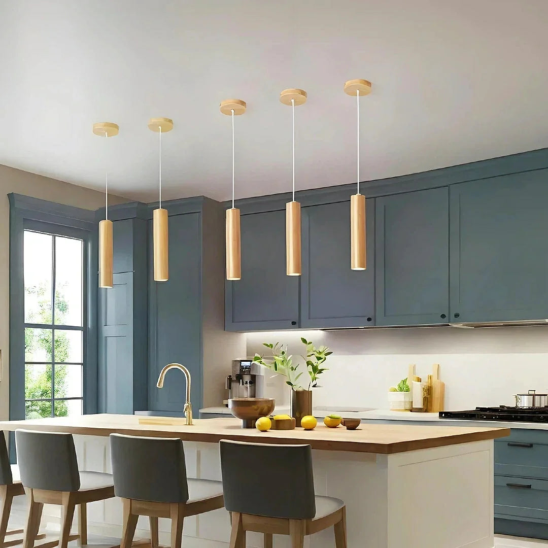 Lampadario a sospensione cilindrico in legno minimalista LED altezza 30 cm per sala da pranzo