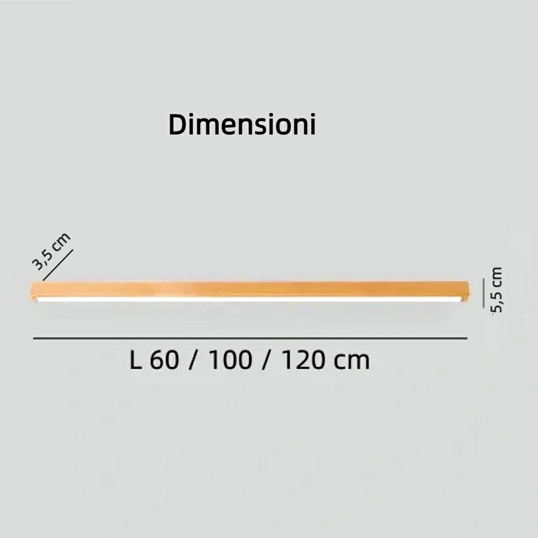 Plafoniera LED lineare da soffitto dimmerabile in metallo effetto legno dal design nordico per corridoio