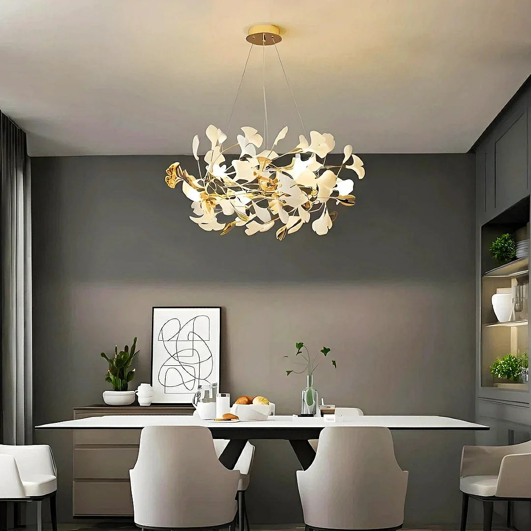Lampadario di design moderno con foglie di ginkgo opaline per soggiorno