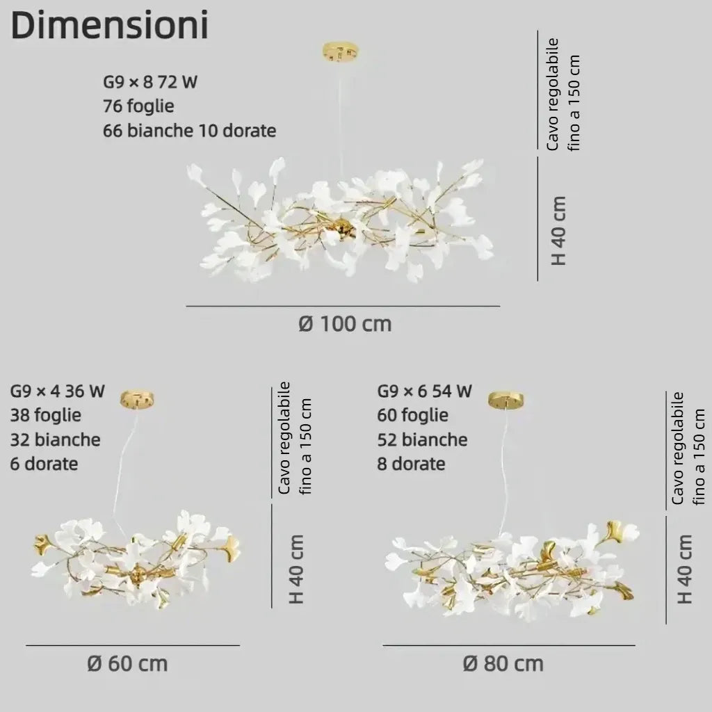 Lampadario di design moderno con foglie di ginkgo opaline per soggiorno