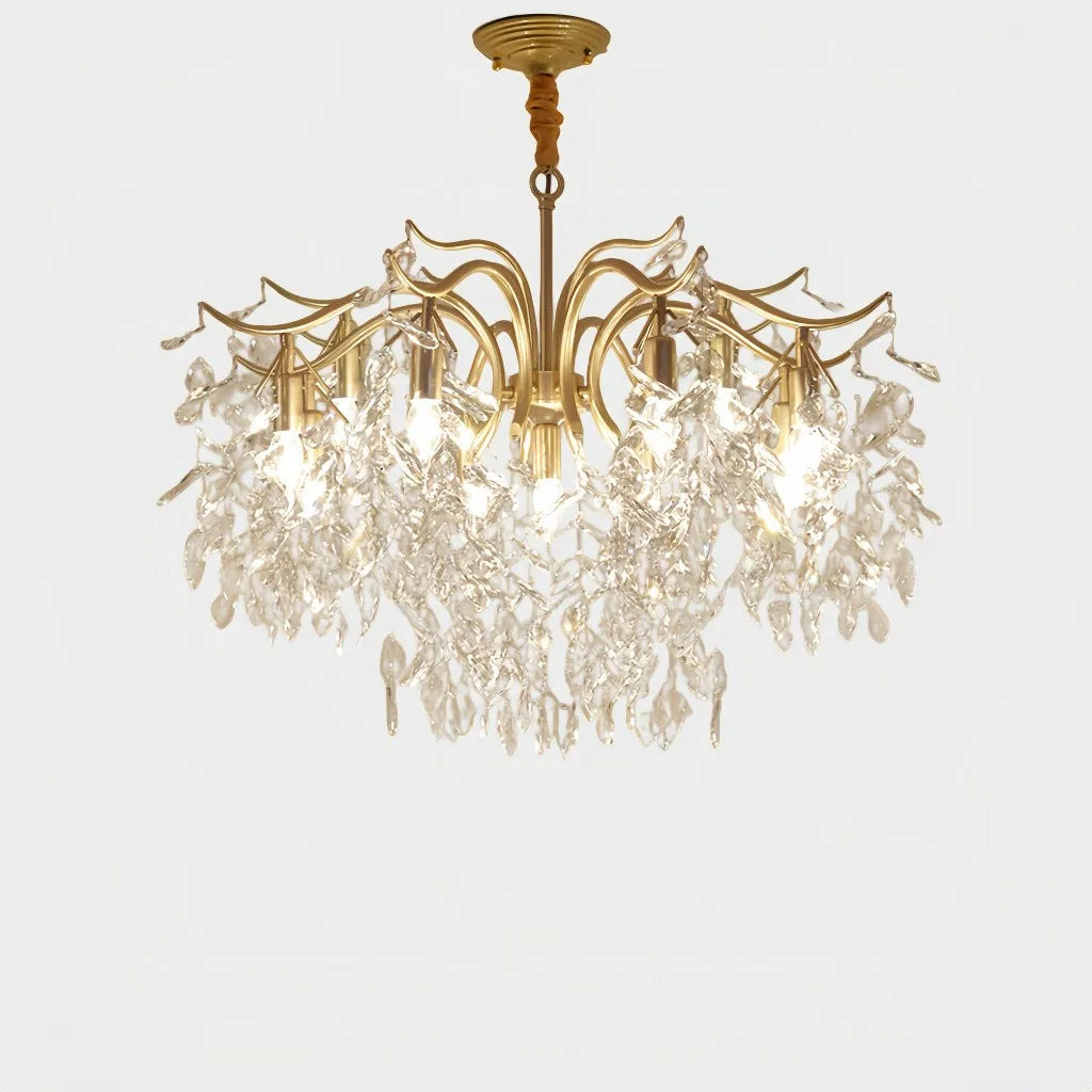 Lampadario moderno con gocce di cristallo e foglie decorative per soggiorno