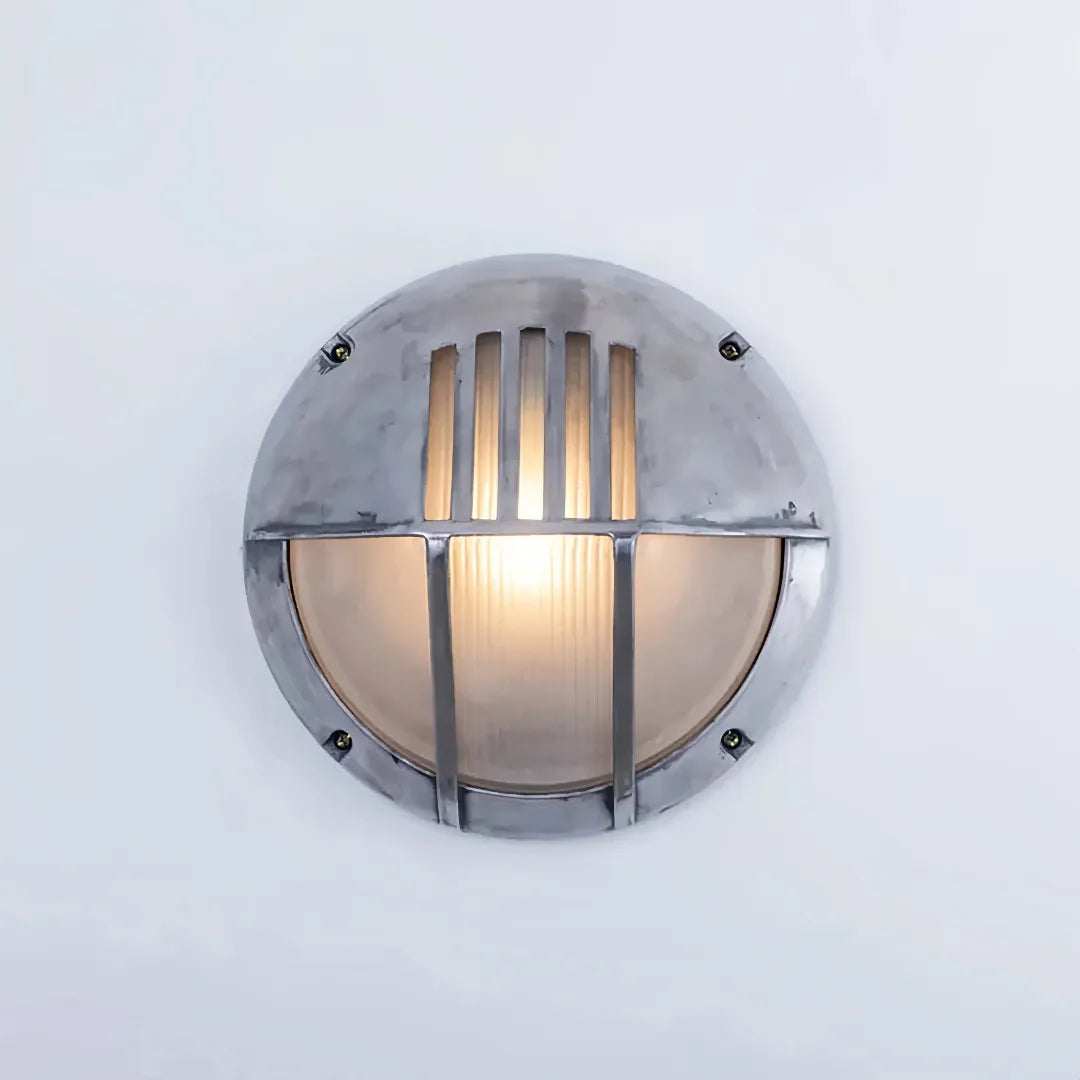 Applique da esterno industriale con finitura in argento spazzolato per portico