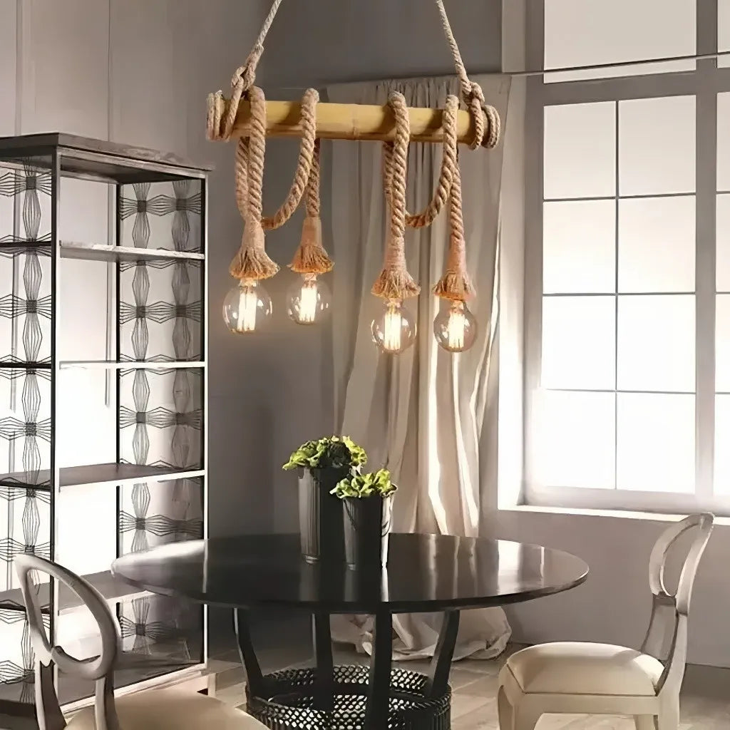 Lampadario in corda rustico con struttura in bambù a cilindro per sala da pranzo