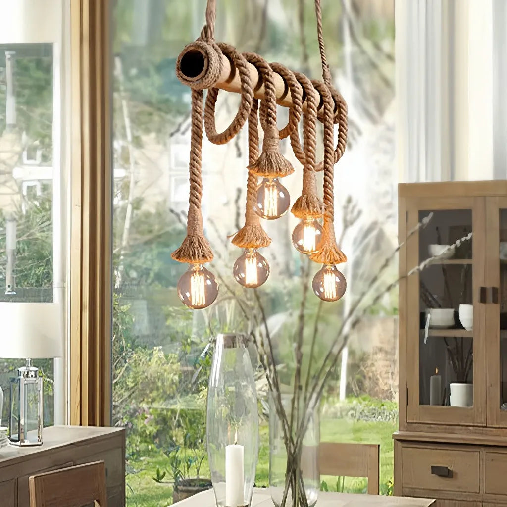 Lampadario in corda rustico con struttura in bambù a cilindro per sala da pranzo