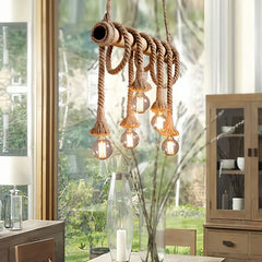 Lampadario in corda rustico con struttura in bambù a cilindro per sala da pranzo
