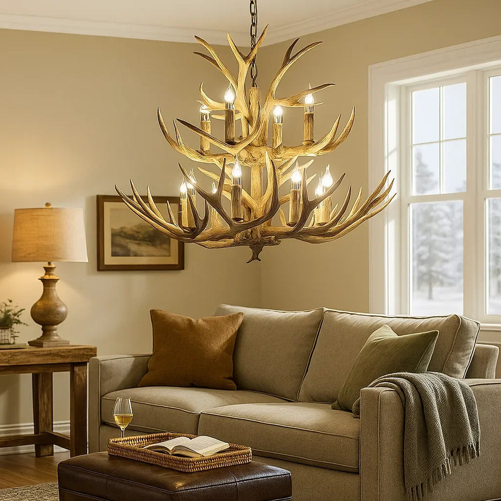 Lampadario a corna di cervo in legno a LED stile rustico alpino per soggiorno