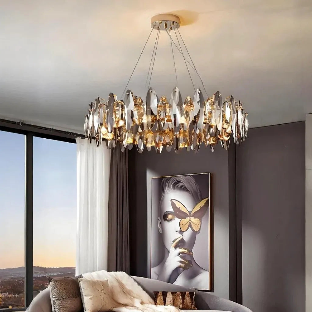 Lampadario a sospensione design moderno in cristallo ad anello per soggiorno