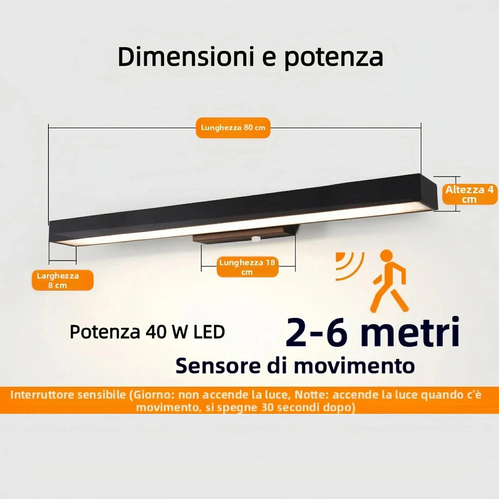 Applique per esterno con sensore di movimento a LED moderna lineare in acciaio inox nero