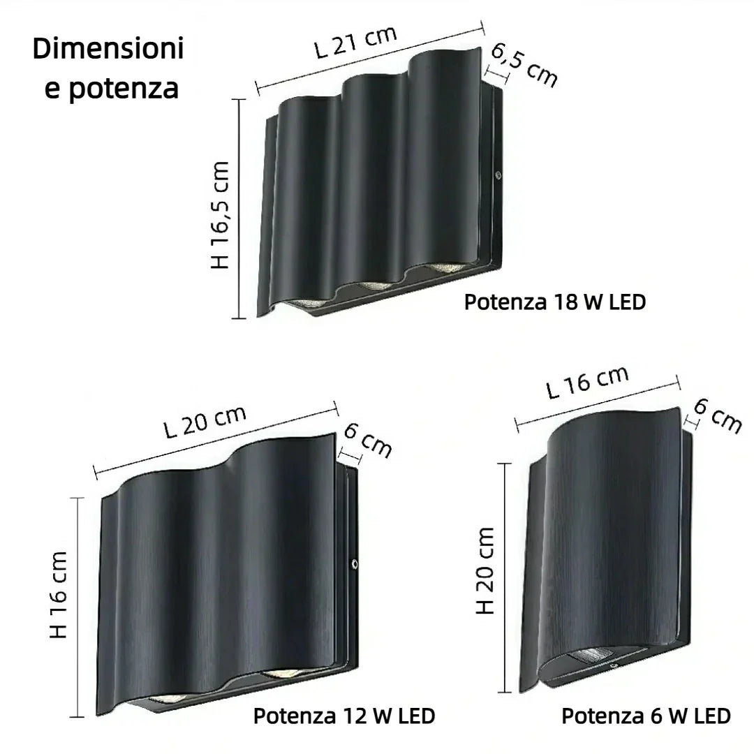 Applique da esterno up down moderno LED in metallo nero con profilo ondulato