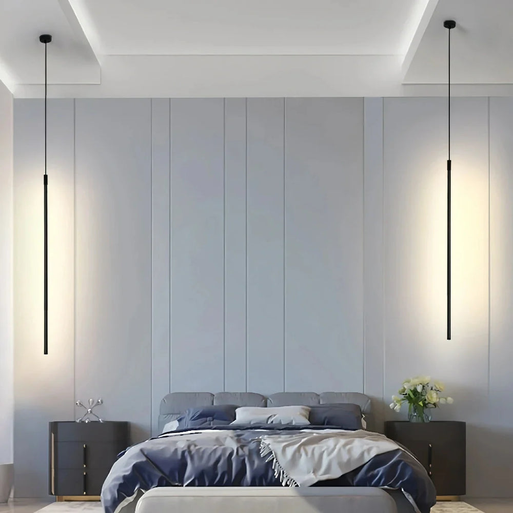 Lampada a sospensione verticale minimalista lineare LED dimmerabile nera da comodino