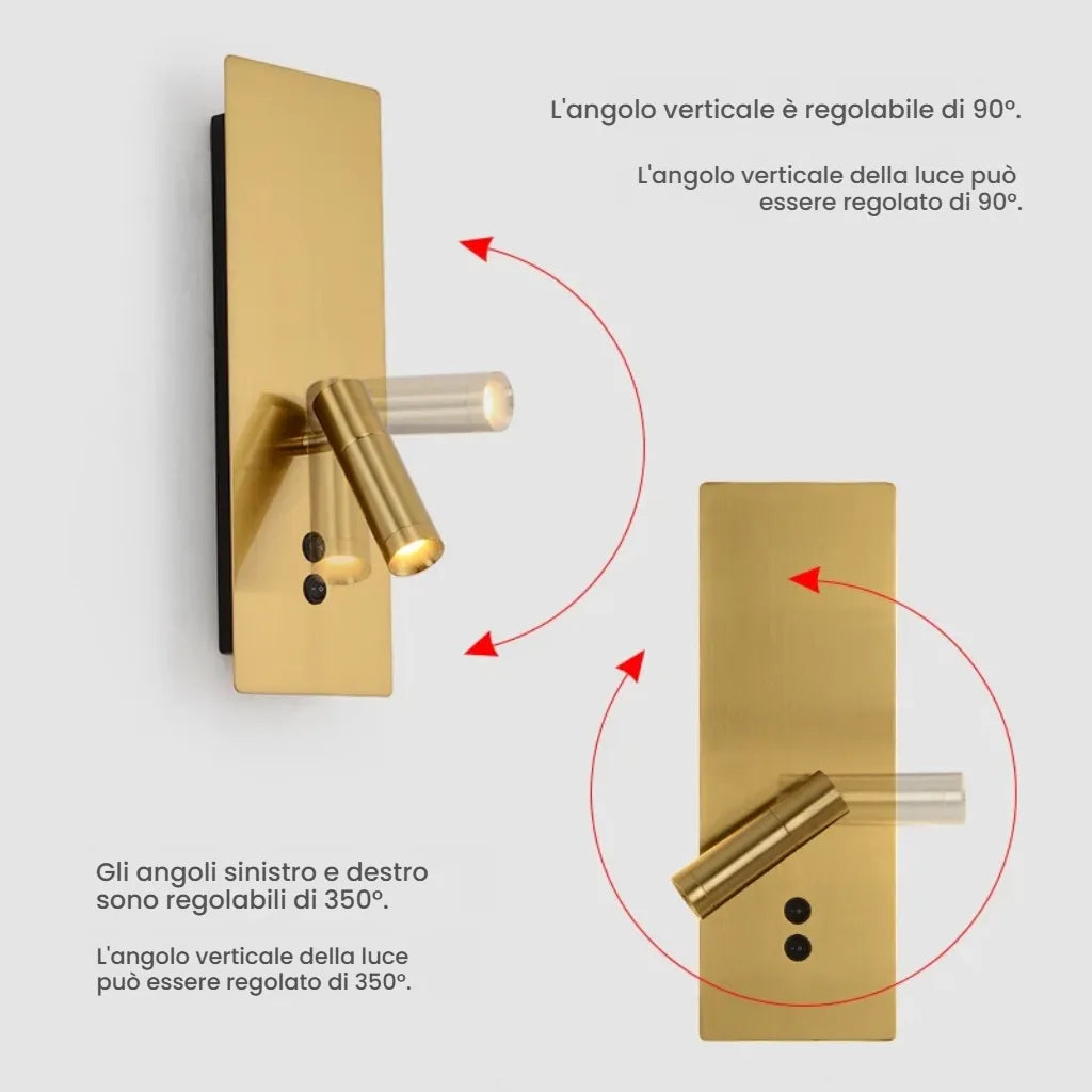 Applique moderna rettangolare con faretto orientabile per camera da letto e luce d’atmosfera integrata