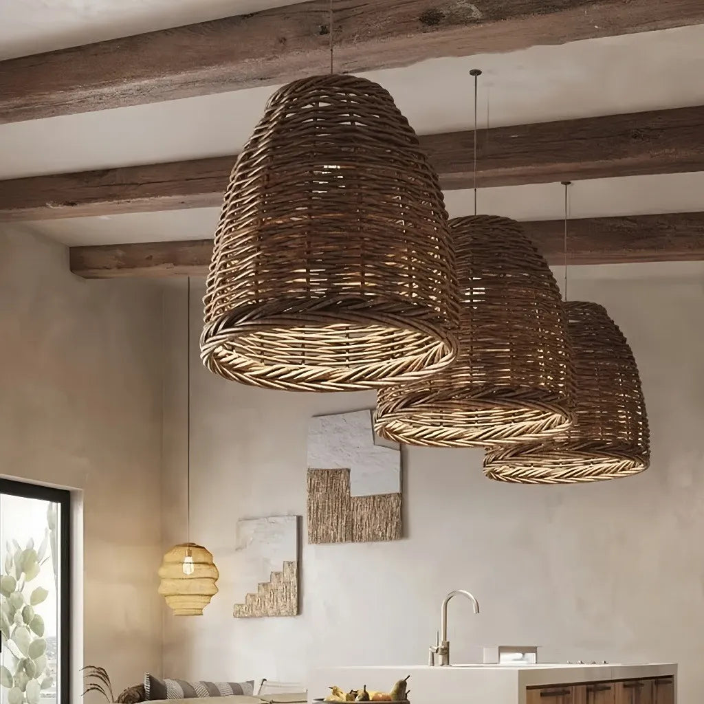 Lampada a sospensione in rattan a campana dimmerabile per sala da pranzo