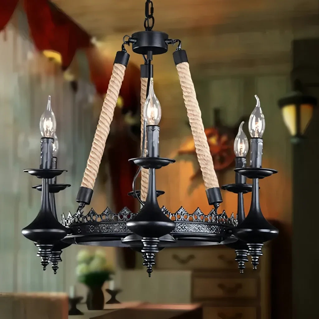 Lampadario vintage in ferro battuto con corde decorative per soggiorno
