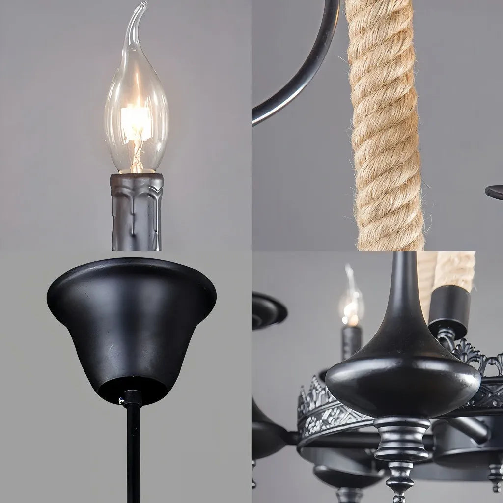 Lampadario vintage in ferro battuto con corde decorative per soggiorno
