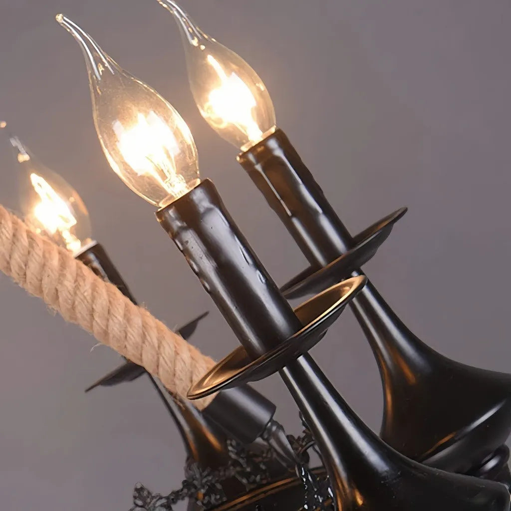 Lampadario vintage in ferro battuto con corde decorative per soggiorno