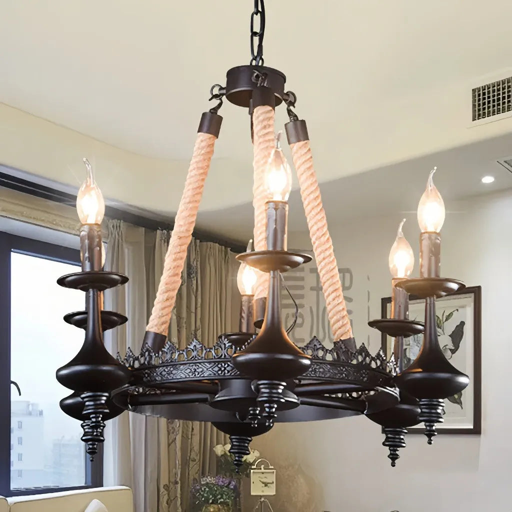Lampadario vintage in ferro battuto con corde decorative per soggiorno