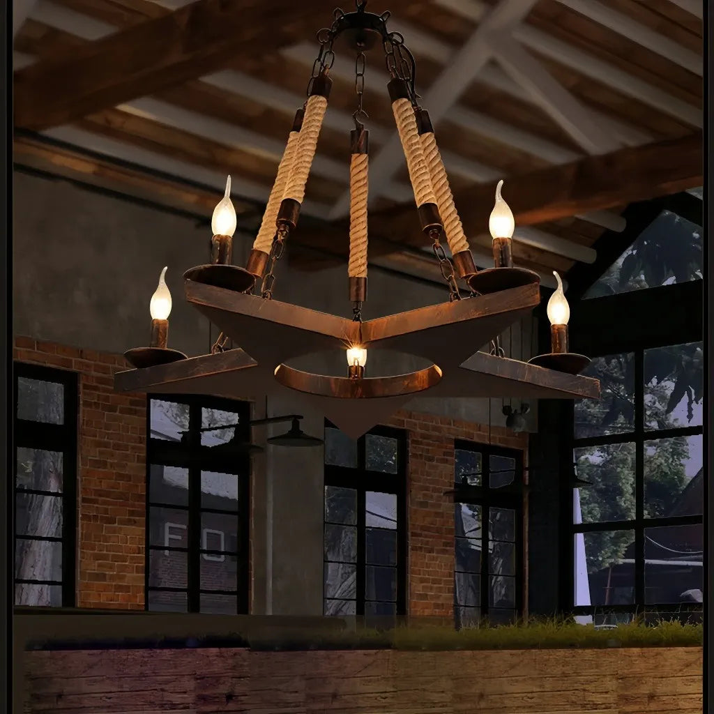 Lampadario rustico in ferro battuto stile candela con corde decorative per soggiorno