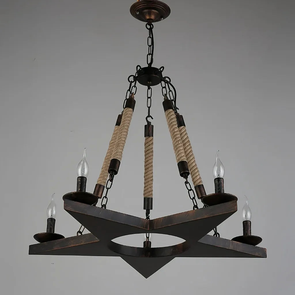 Lampadario rustico in ferro battuto stile candela con corde decorative per soggiorno