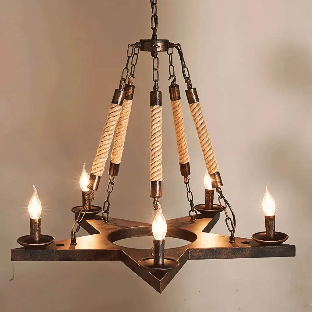 Lampadario rustico in ferro battuto stile candela con corde decorative per soggiorno