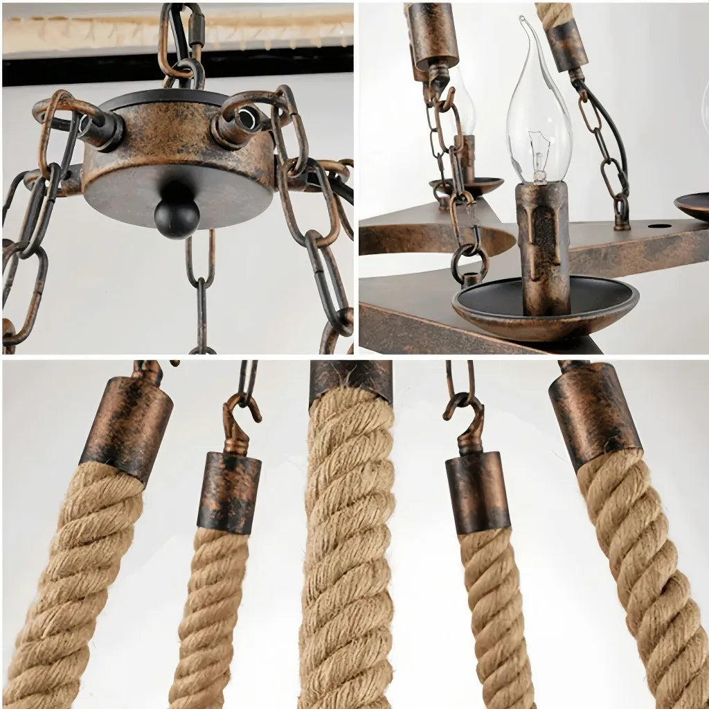 Lampadario rustico in ferro battuto stile candela con corde decorative per soggiorno