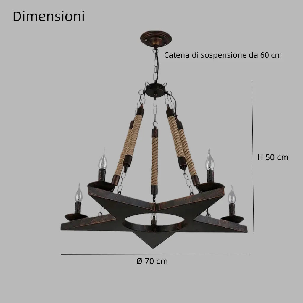 Lampadario rustico in ferro battuto stile candela con corde decorative per soggiorno