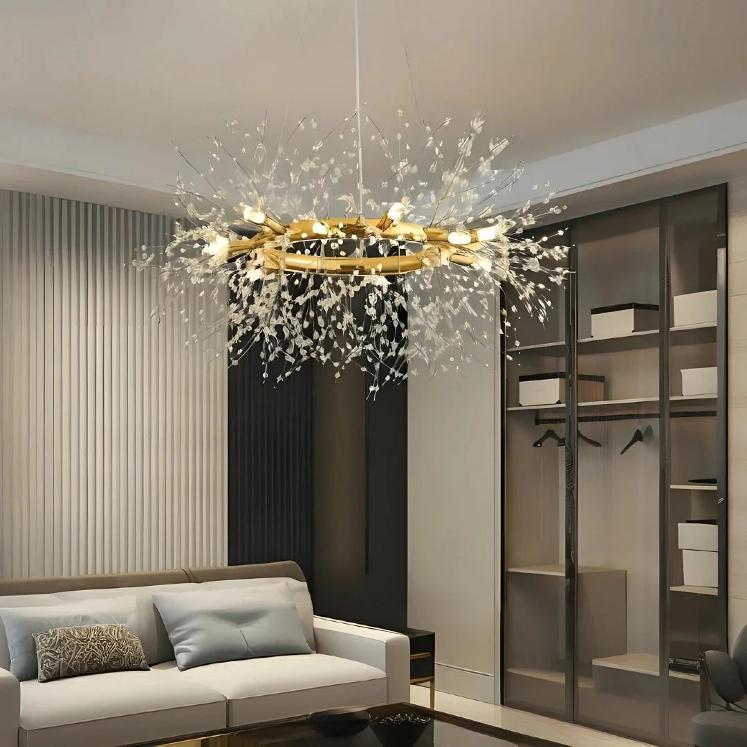 Lampadario LED stile sputnik in cristallo con struttura ad anello oro per soggiorno