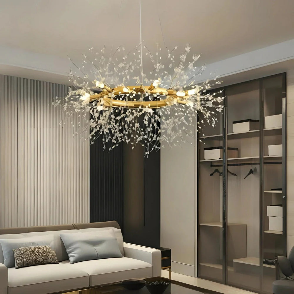 Lampadario LED stile sputnik in cristallo con struttura ad anello oro per soggiorno