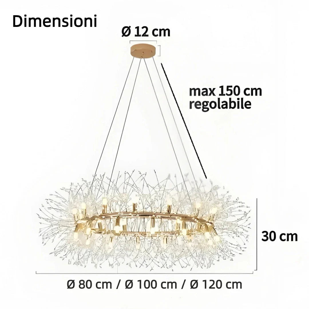 Lampadario LED stile sputnik in cristallo con struttura ad anello oro per soggiorno