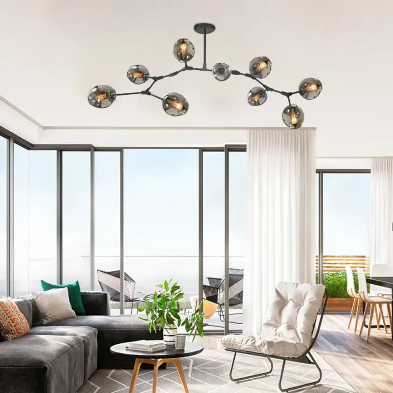 Lampadario a bracci moderno orientabile in vetro nero per soggiorno
