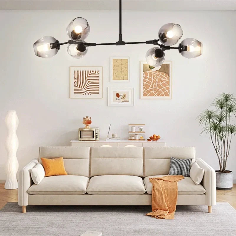 Lampadario a bracci moderno orientabile in vetro nero per soggiorno