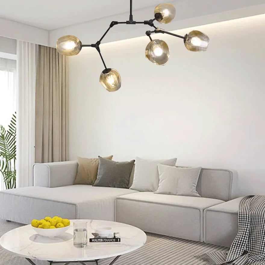 Lampadario a bracci moderno orientabile in vetro nero per soggiorno