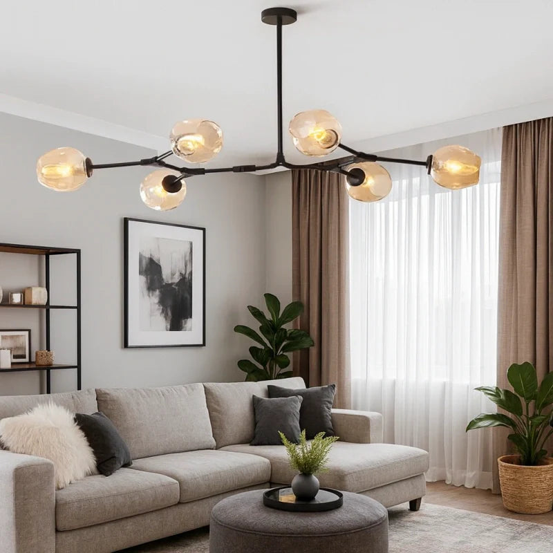 Lampadario a bracci moderno orientabile in vetro nero per soggiorno