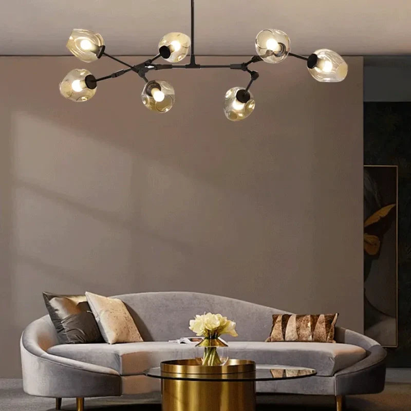 Lampadario a bracci moderno orientabile in vetro nero per soggiorno