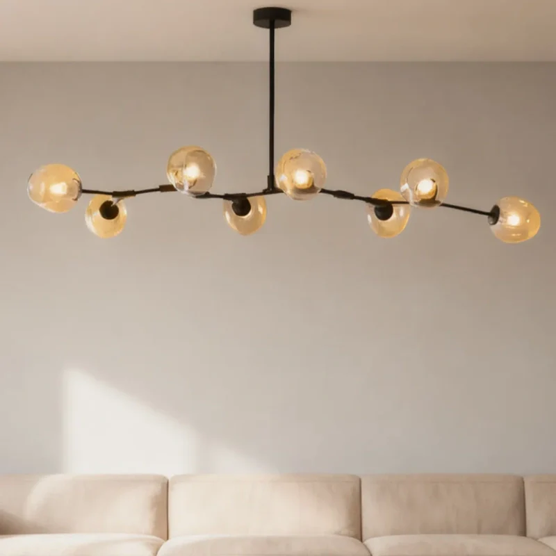 Lampadario a bracci moderno orientabile in vetro nero per soggiorno