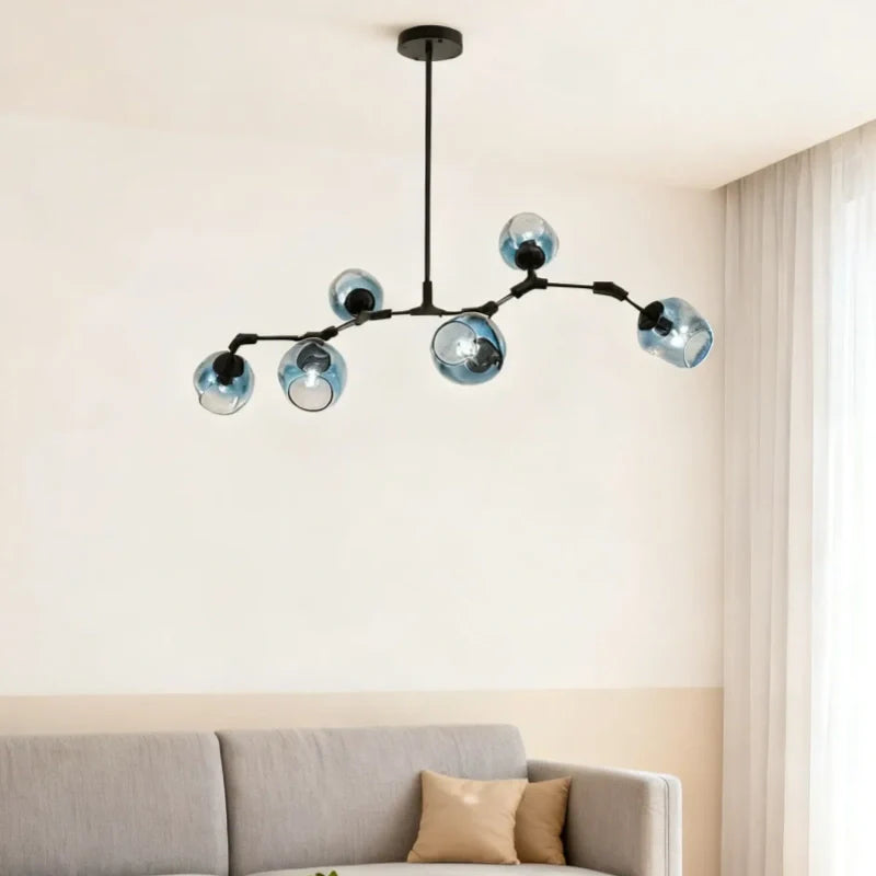 Lampadario a bracci moderno orientabile in vetro nero per soggiorno
