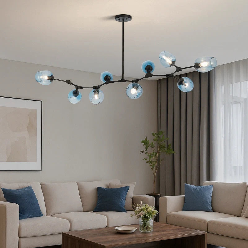 Lampadario a bracci moderno orientabile in vetro nero per soggiorno