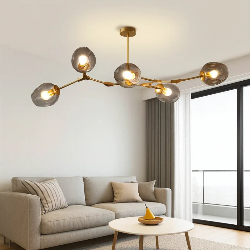 Lampadario a bracci moderno orientabile in vetro oro a più luci per soggiorno