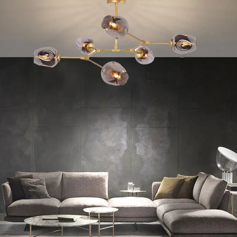 Lampadario a bracci moderno orientabile in vetro oro a più luci per soggiorno