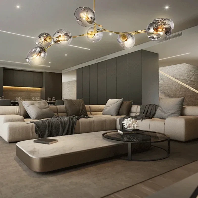 Lampadario a bracci moderno orientabile in vetro oro a più luci per soggiorno