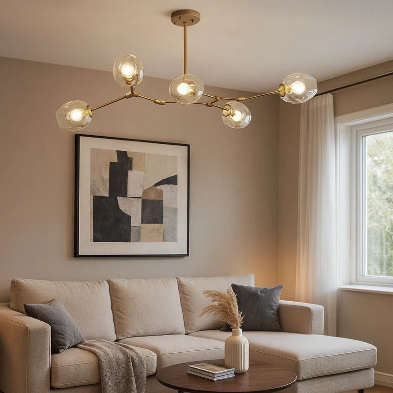 Lampadario a bracci moderno orientabile in vetro oro a più luci per soggiorno