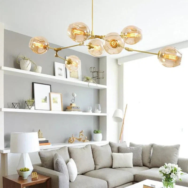 Lampadario a bracci moderno orientabile in vetro oro a più luci per soggiorno