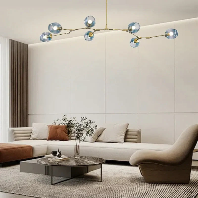 Lampadario a bracci moderno orientabile in vetro oro a più luci per soggiorno